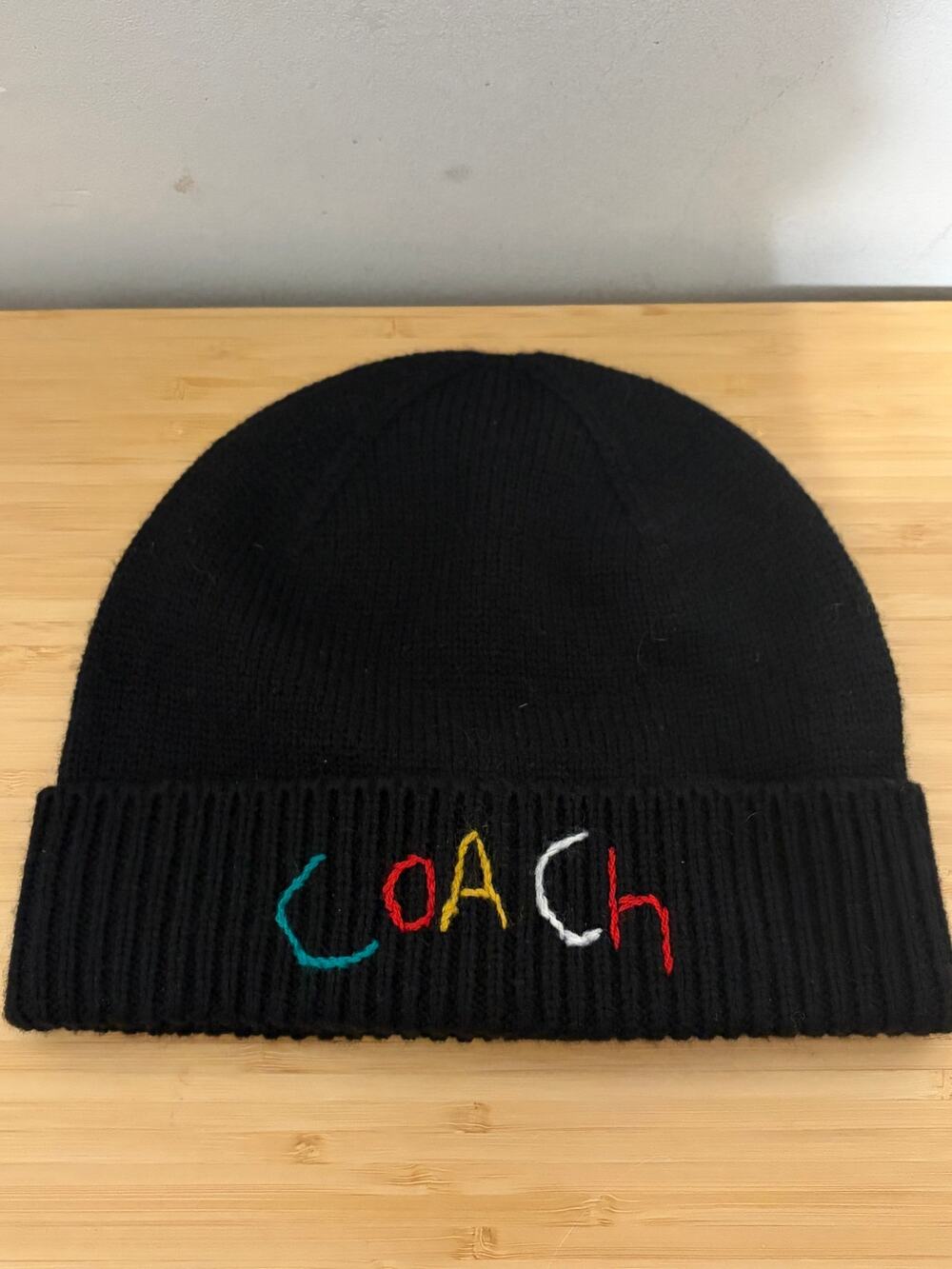 Coach Black Wool Blend Beanie Hat Multicolor Logo Embroidered Knit Cap OS